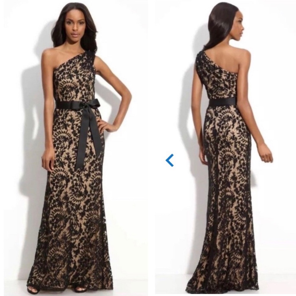 Tadashi Shoji Black and Cream One-Shoulder Maxi Dress